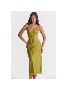 House of CB Olive Green Lace-Trim Corset Midi Dress